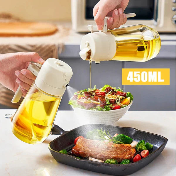 450ml Glass Oil Sprayer and Dispenser Bottle - 2-in-1 Olive Oil Pourer Jug for Air Fryer, BBQ & Healthy Cooking
