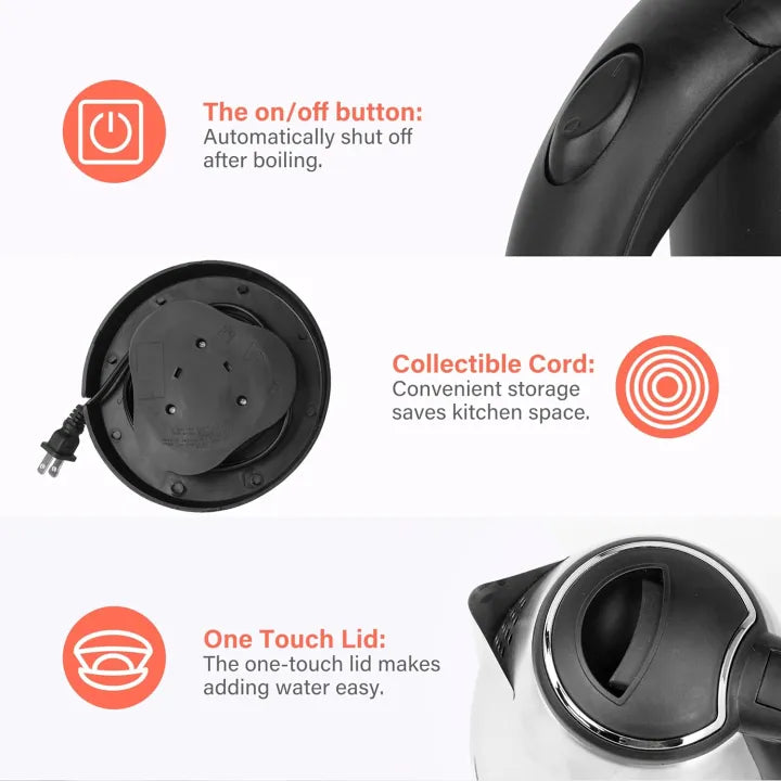 Stainless Steel Electric Kettle 2L | 1500W Quick Boil, Auto Shut-Off, BPA-Free Water Boiler