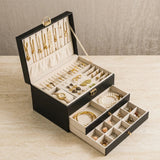 Multifunctional 3-Layer Leather Jewelry Box with Lock